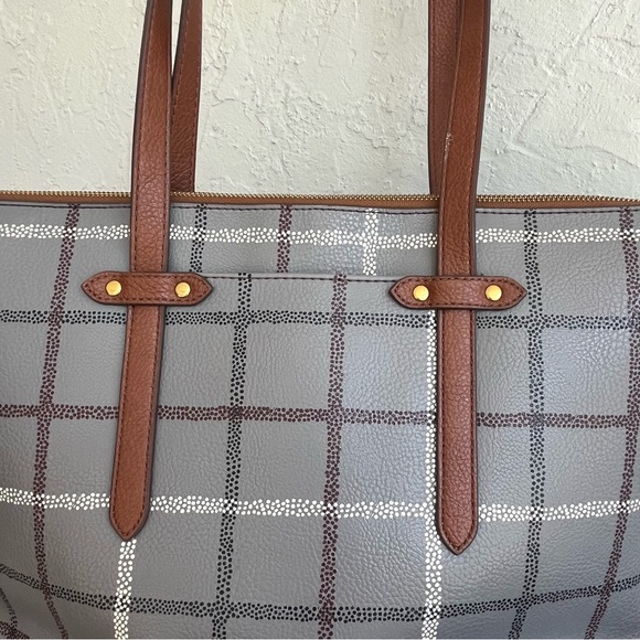 Fossil Rachel Zip Top Tote Gray Plaid Shoulder Bag Brown Leather Trim NWOT - Picture 3 of 10